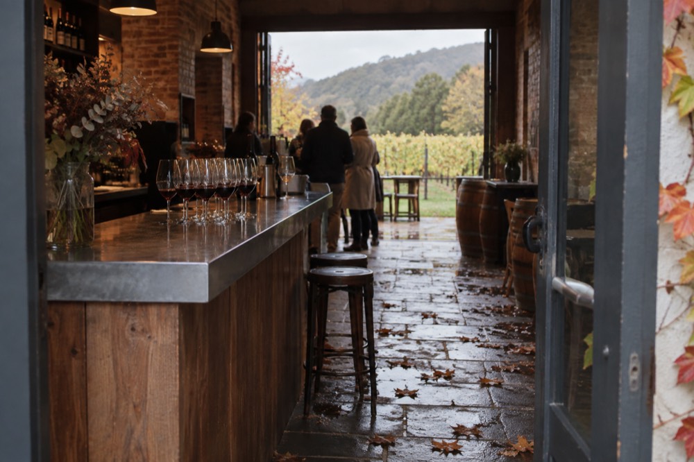A small group tasting red wine at a cellar door bar inside a Yarra Valley winery