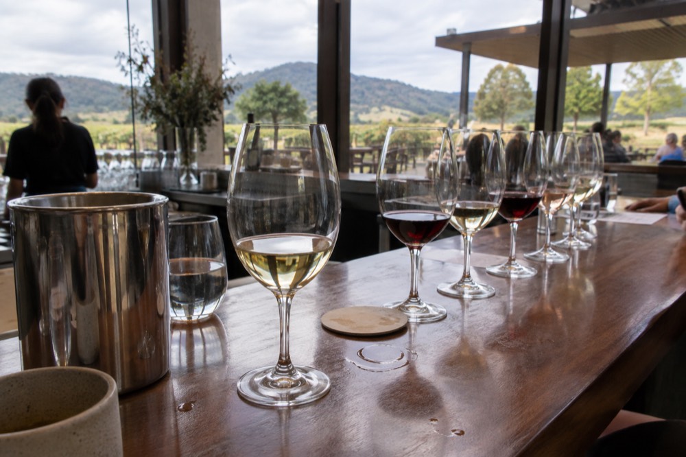 A cellar door tasting counter with wine glasses lined up along a wooden bar