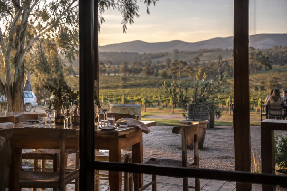 A dining table set for lunch overlooking vine rows through a window