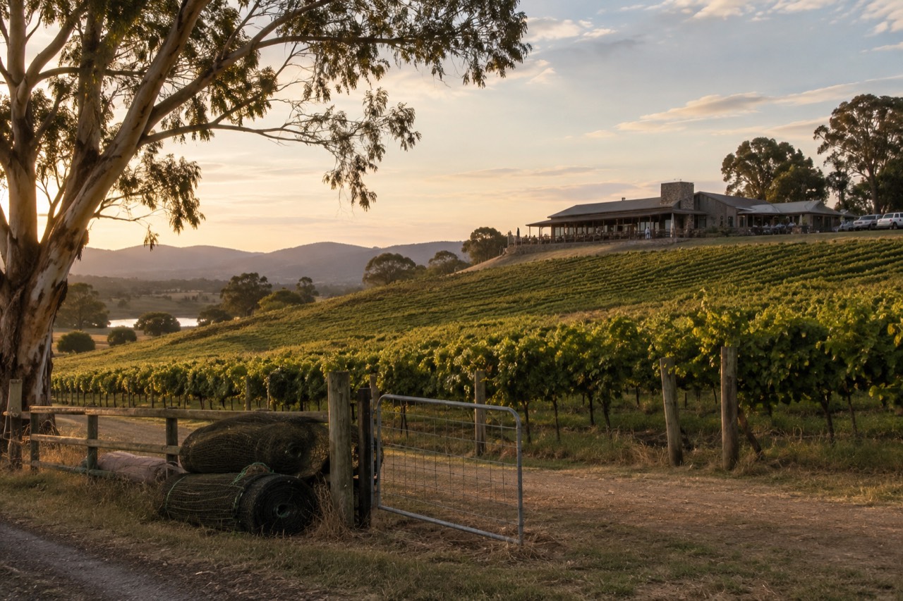 Rows of grapevines on a hillside with a winery building in the distance