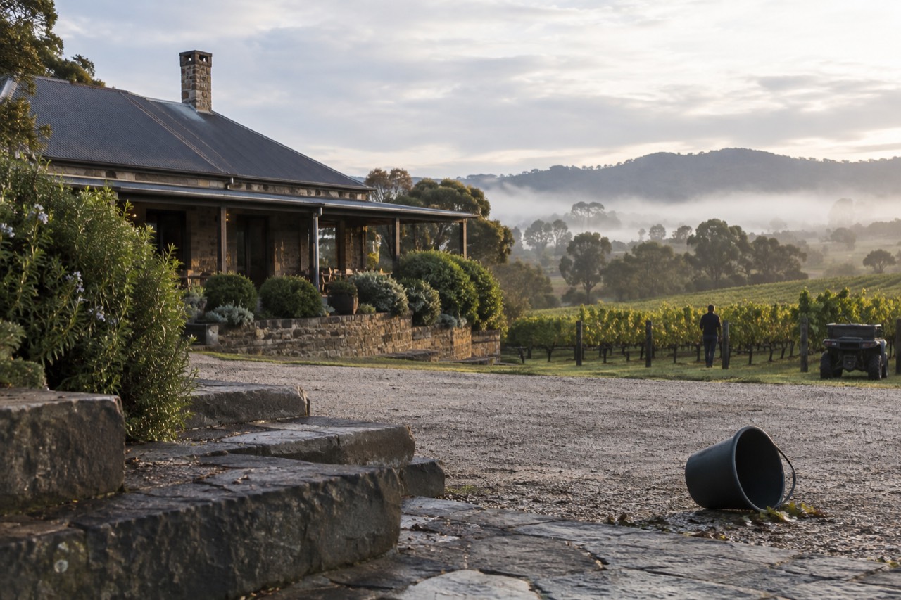 Vineyard rows on rolling hills with a historic winery building in the distance under a clear sky