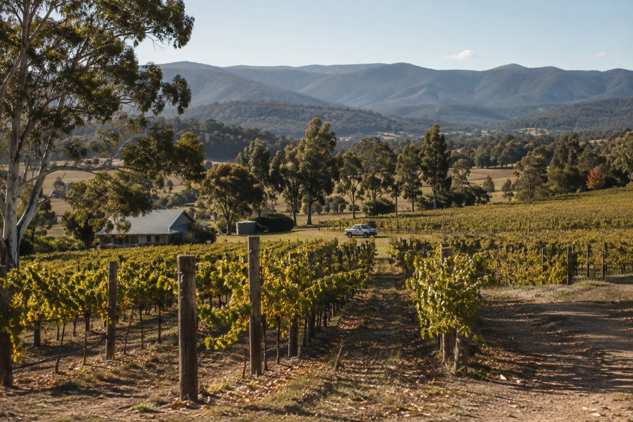 Rows of grapevines on a sloping Yarra Valley hillside with distant blue mountains