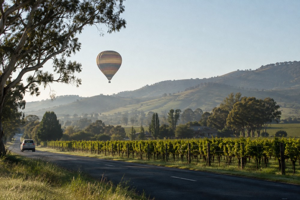 Rows of grapevines beside a country road with rolling green hills behind them