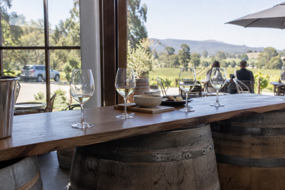 A cellar door tasting counter with wine glasses arranged above barrels