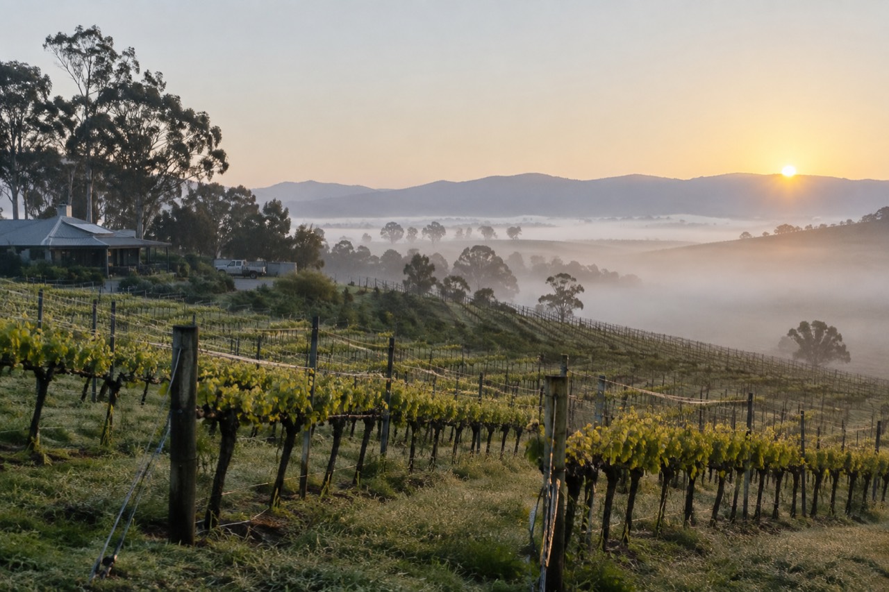 Rows of grapevines on a hillside above the Yarra Valley with low morning mist