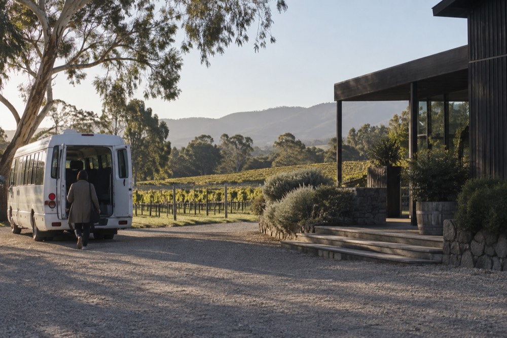 Minibus parked on a gravel driveway beside a cellar door entrance