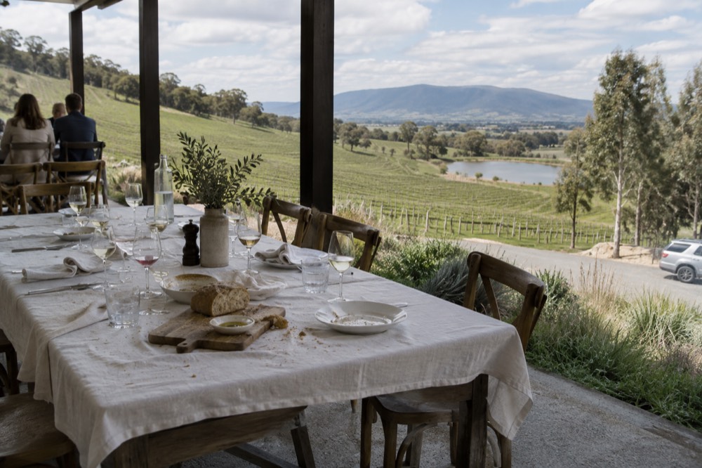 A long lunch table set with wine glasses overlooking green vineyard slopes