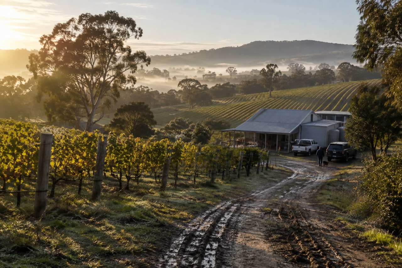 Rows of grapevines on a hillside above a small winery building in the Yarra Valley