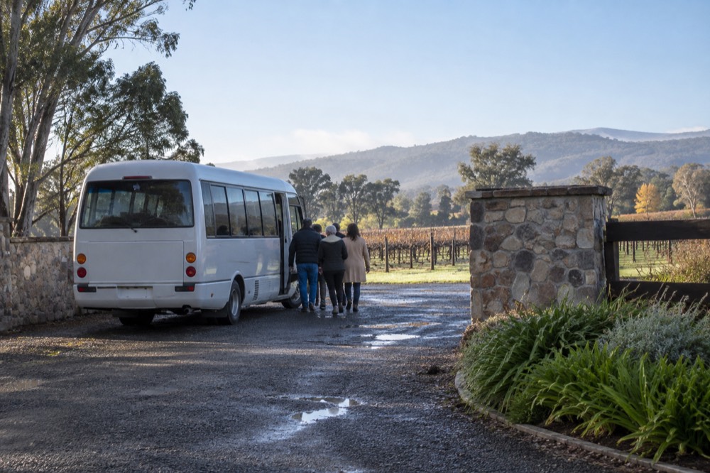 A small shuttle bus parked at a winery entrance with passengers boarding