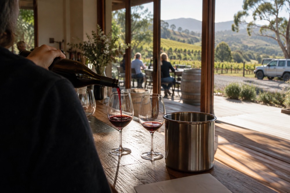A winemaker pouring a small tasting pour of red wine into a glass at a cellar door counter