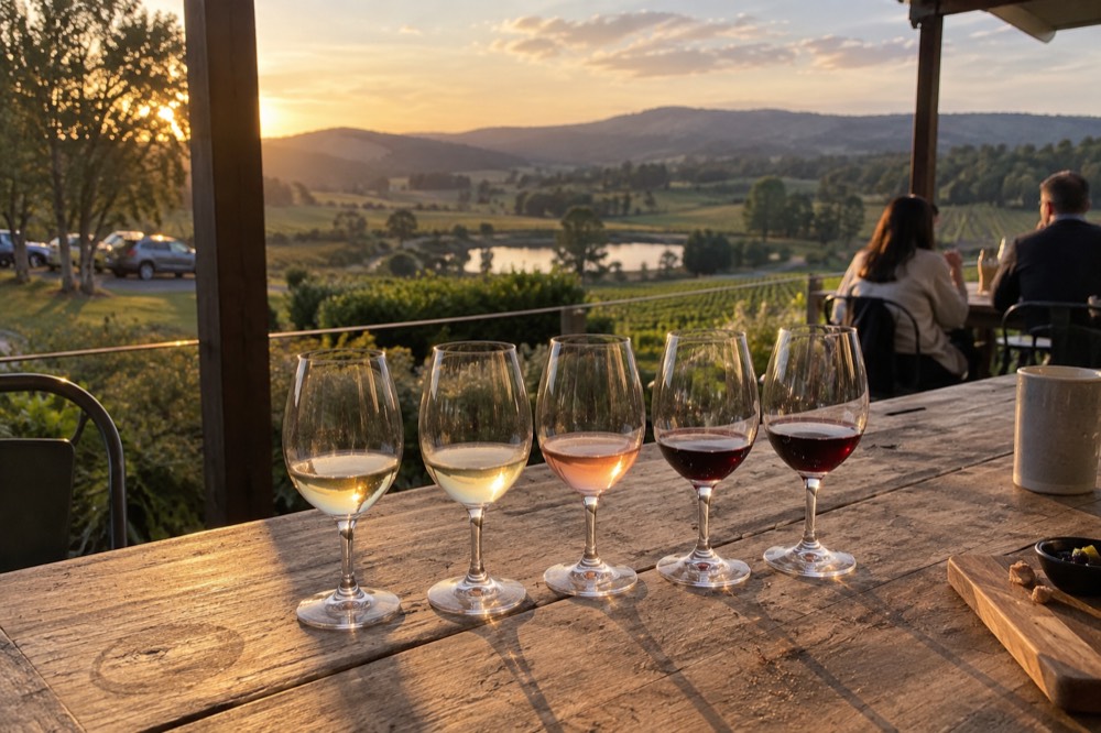 A flight of five wine glasses lined up on a timber tasting bench