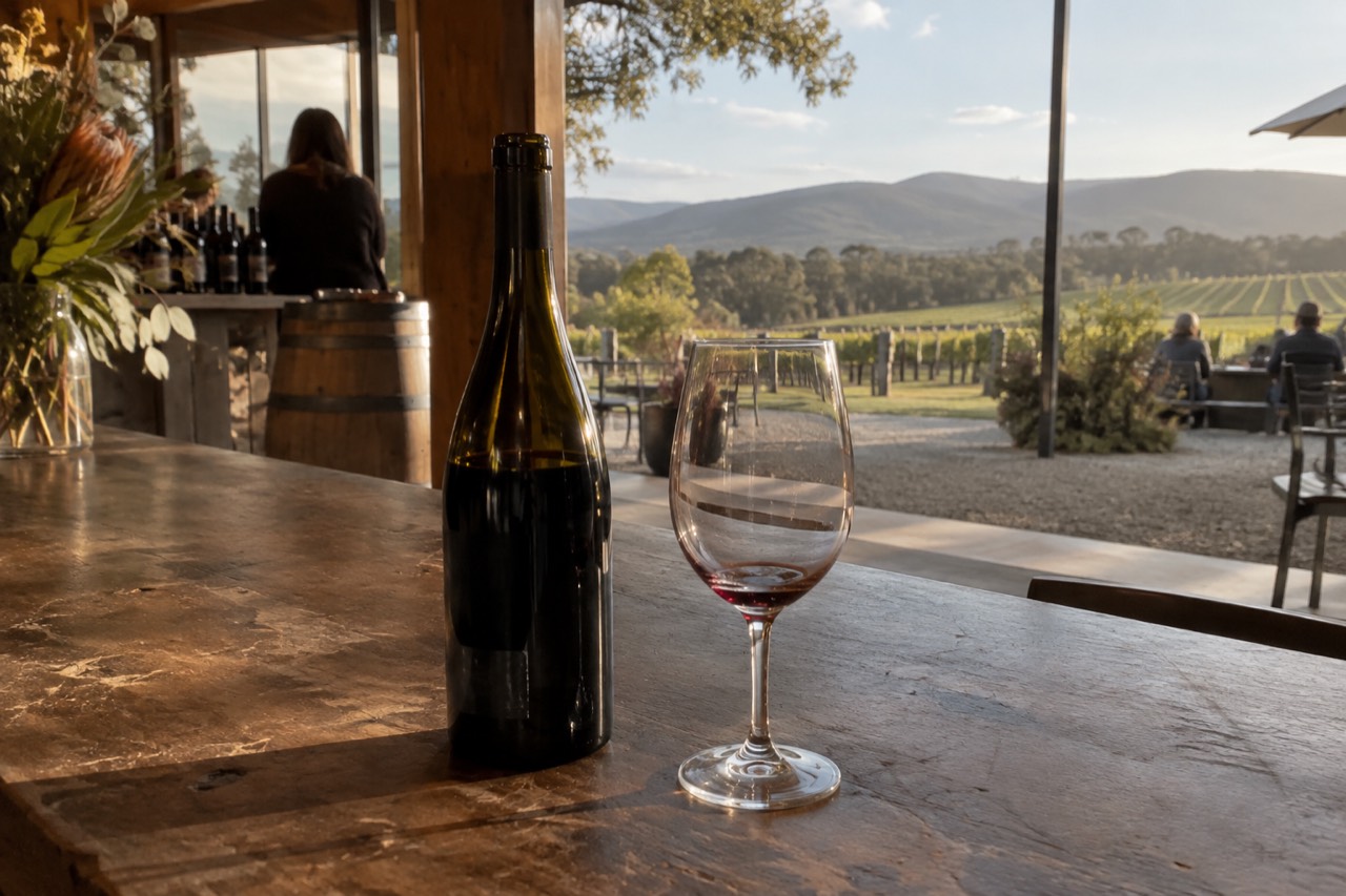 A single bottle of red wine standing on a wooden cellar door tasting bench