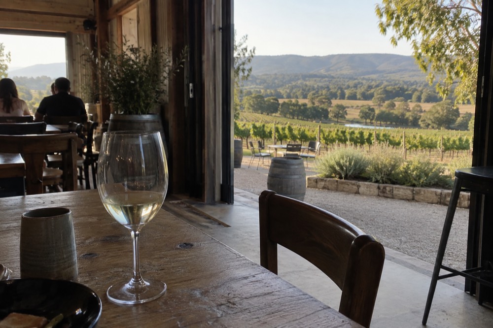A glass of white wine on a tasting bench with vine rows beyond