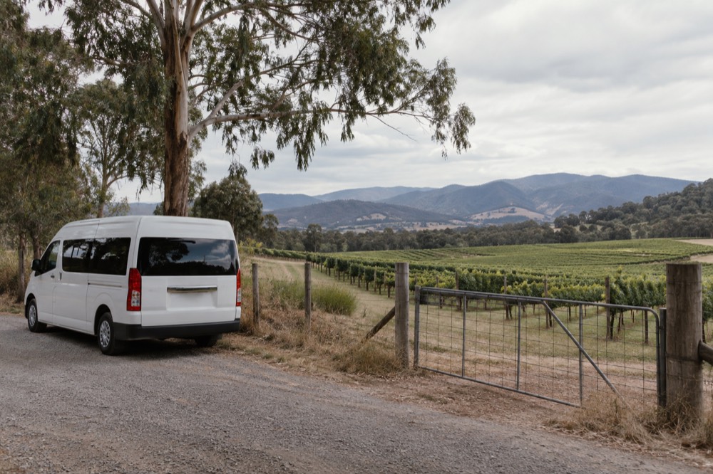A small van parked on a gravel road beside a vineyard gate
