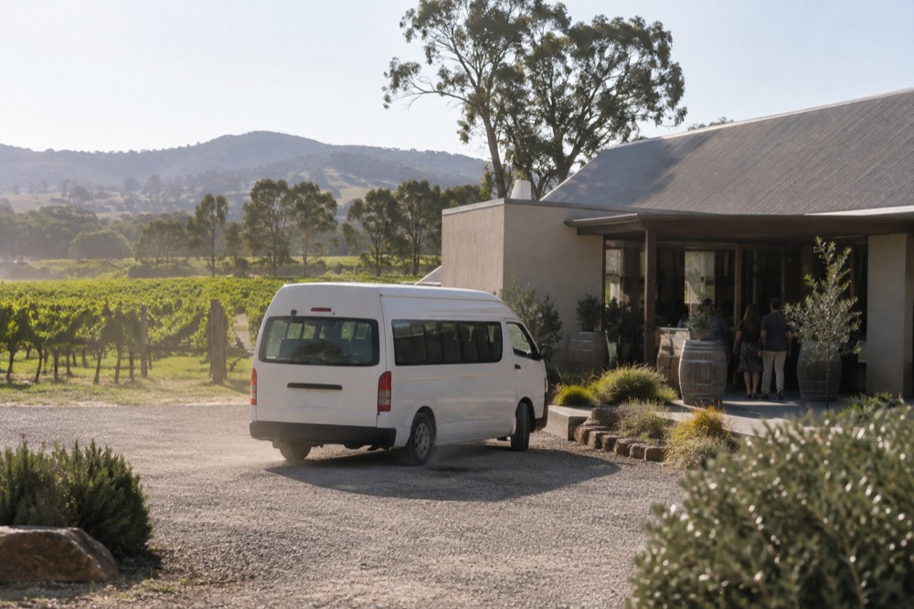 A small tour van parked beside a cellar door building surrounded by vine rows