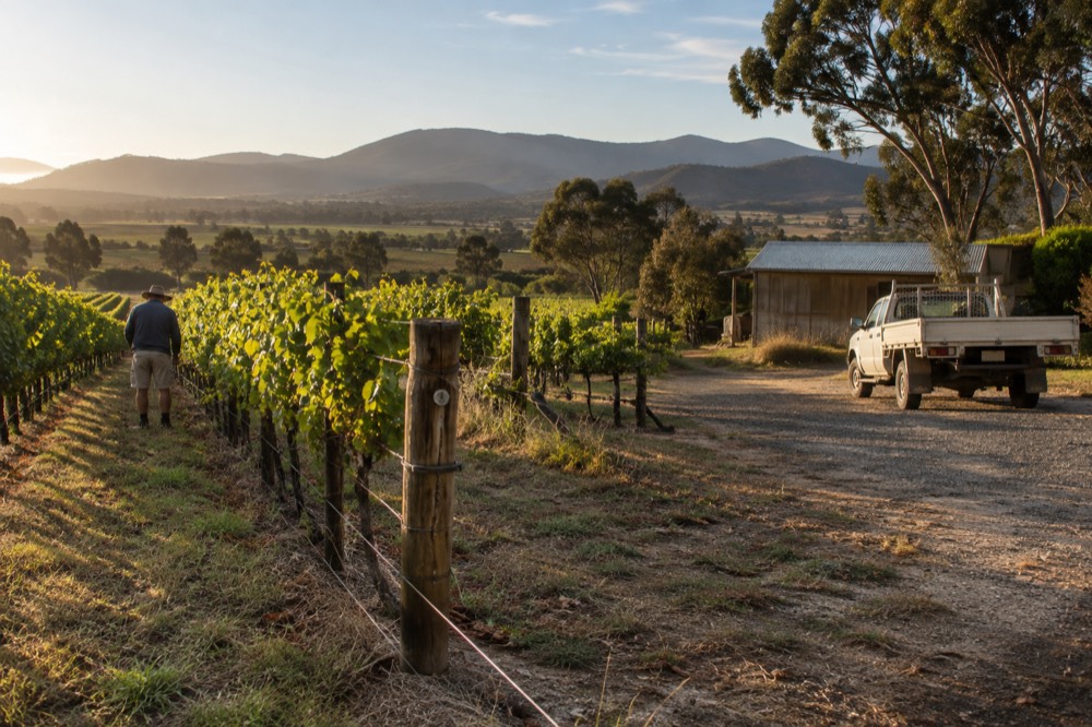 Vineyard rows in the Yarra Valley under a warm afternoon sun