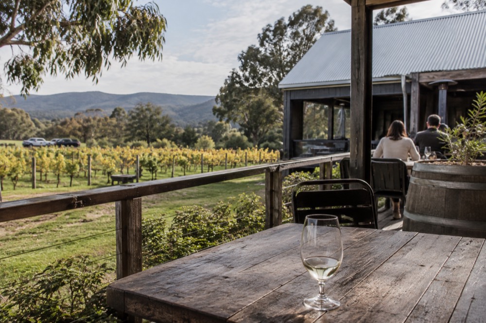 A cellar door building with outdoor tables set among vines