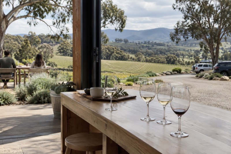 Four wine glasses on a chalk-white timber tasting counter, vine rows falling away down a Gruyere ridge.