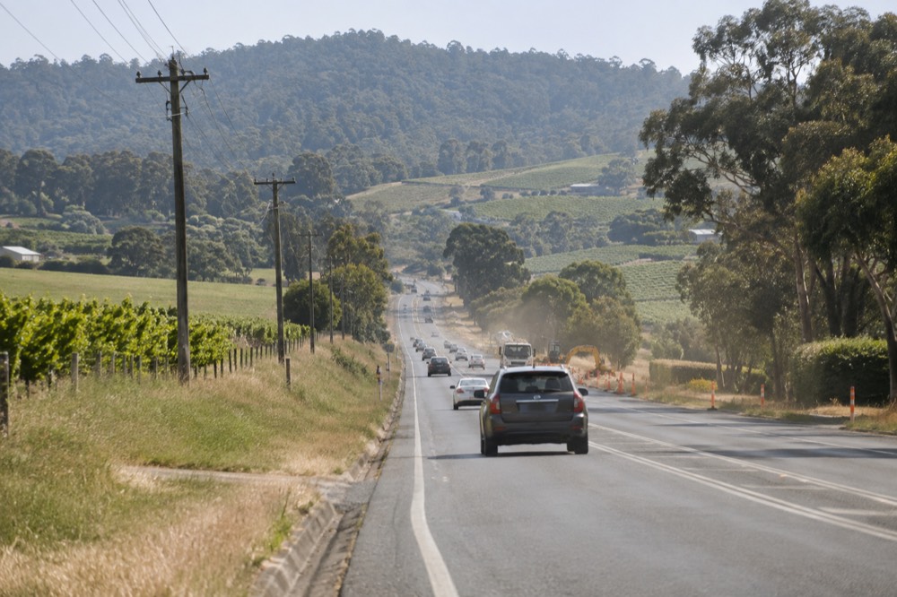 A country highway cutting between green hills with vineyards on either side