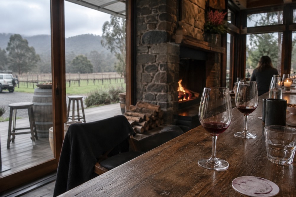 Wine glasses on a timber tasting bar with a cellar door room behind them