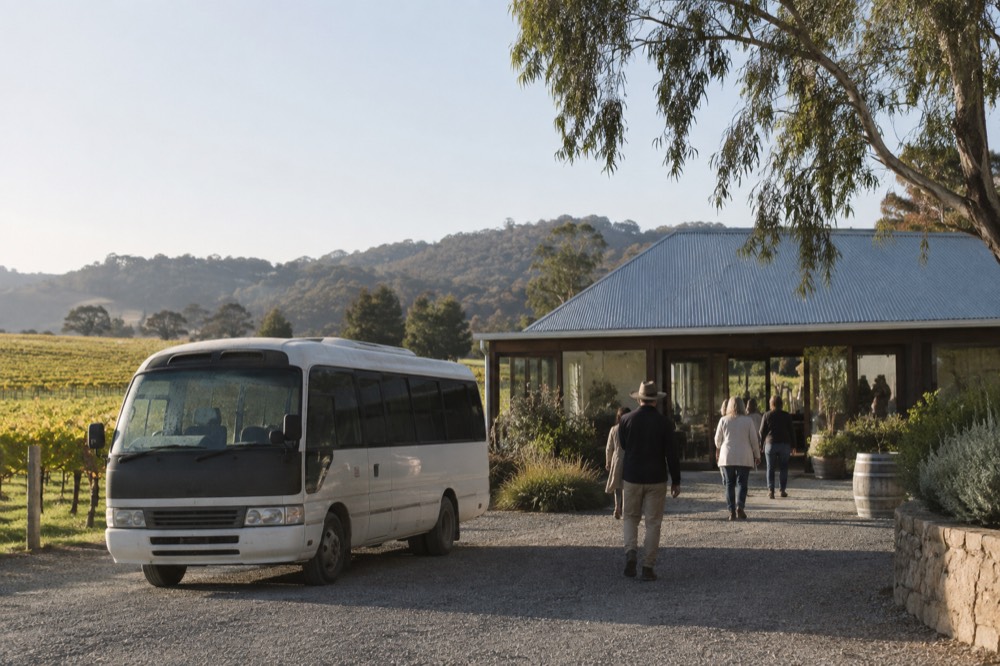 A tour minibus parked on a gravel driveway beside a low cellar door building among vines