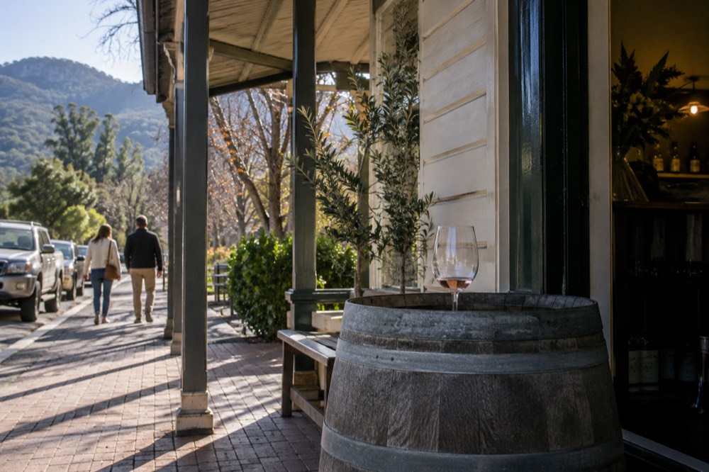 A walkable precinct of small producer storefronts and tasting rooms in a country town