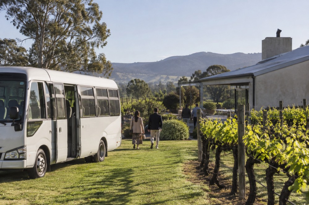 A small shuttle bus parked outside a cellar door among vine rows