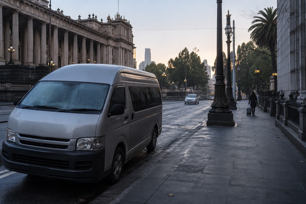 A small tour van waiting outside a city hotel entrance in the early morning