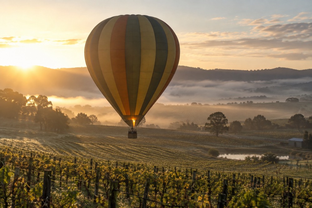 A hot air balloon drifting low over vineyards and morning mist in a valley
