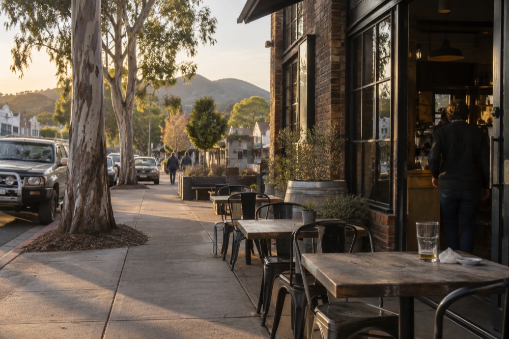 A country town main street with footpath tables and a brewery entrance in late afternoon light