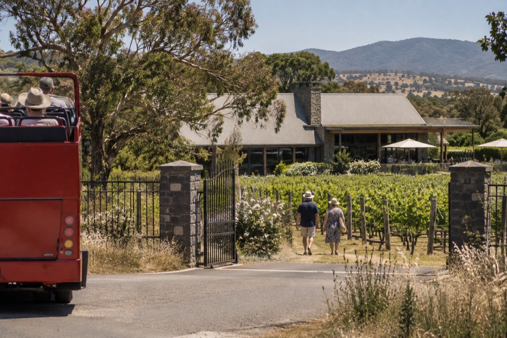 Open-top bus stopped at a winery gate with passengers walking toward the cellar door