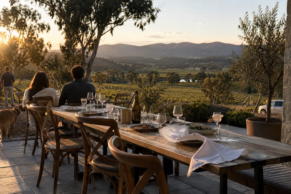 Long lunch table set on a winery terrace overlooking vine rows and hills