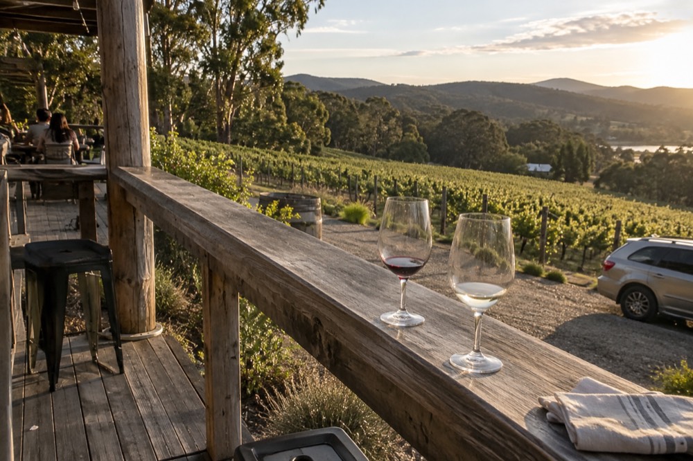 A timber cellar door deck overlooking rows of vines with two wine glasses on a rail