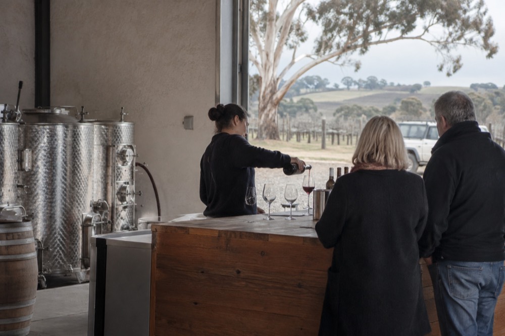 A guide pouring wine behind a cellar door counter while two guests watch