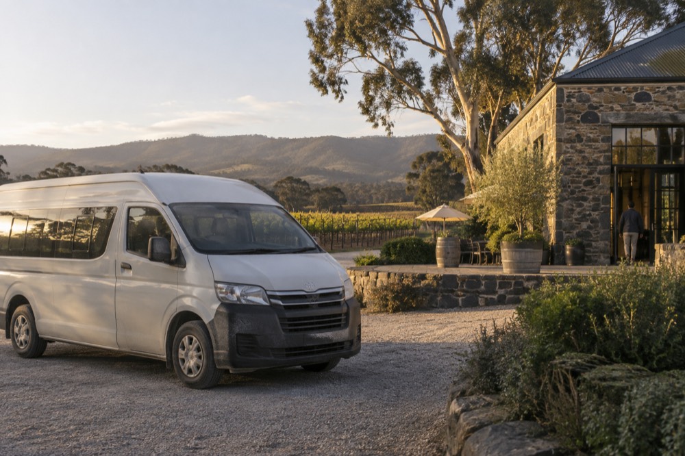 A private tour vehicle waiting outside a stone winery building in the late afternoon