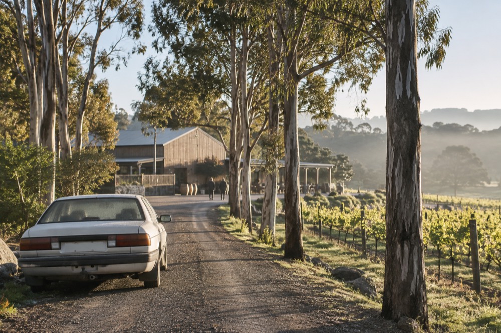 A vintage car parked on a tree-lined driveway with a winery building ahead