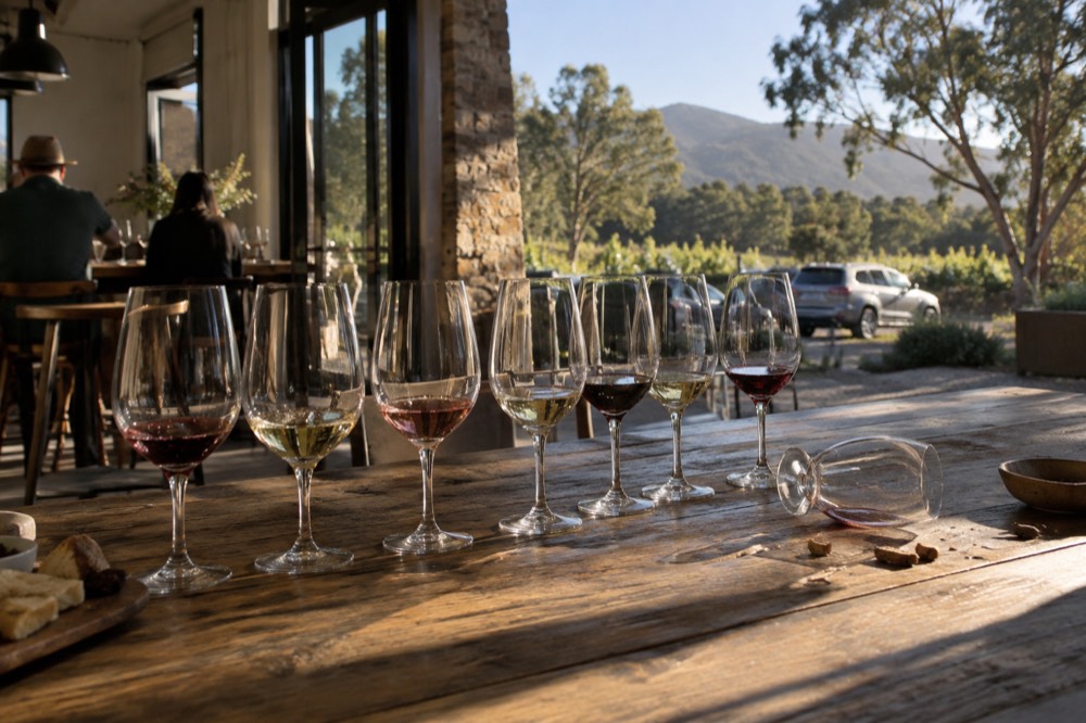A small group of wine glasses lined along a wooden tasting bench inside a cellar door