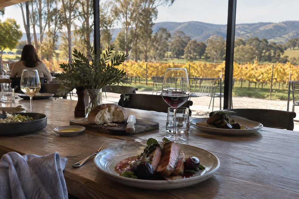 A plated lunch of regional produce served at a winery dining table
