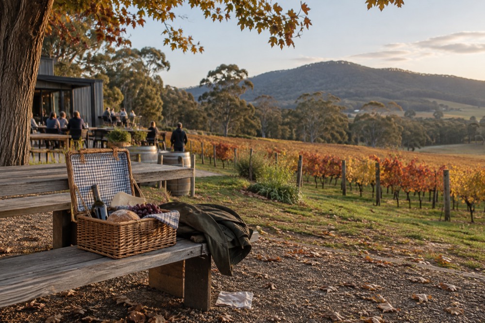 Wicker picnic hamper and folded jacket on a wooden bench beside vineyard rows