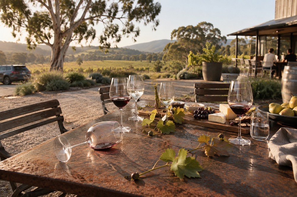 Group of wine glasses on an outdoor table beside a platter of cheese and fruit at a winery