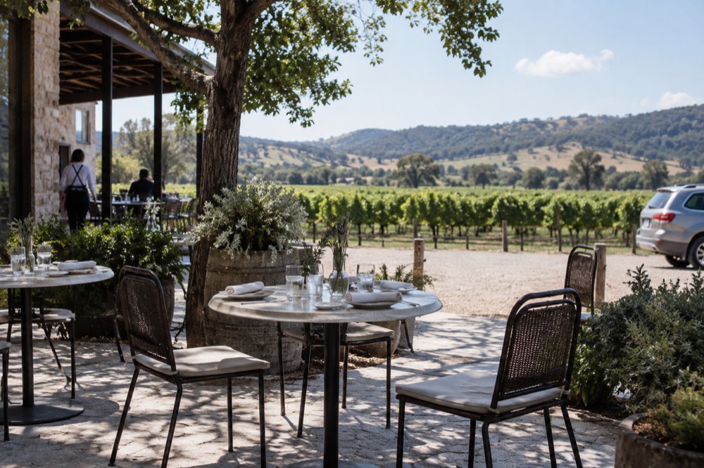 A small group of tables set for lunch on a winery terrace overlooking vines