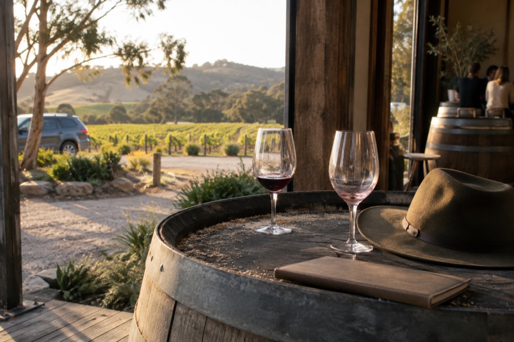 Two wine glasses on a barrel top beside a notebook and a hat