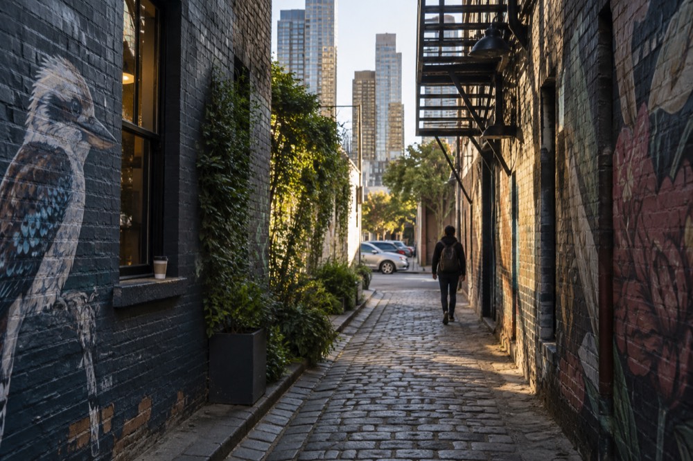 A laneway in central Melbourne with painted walls and afternoon light