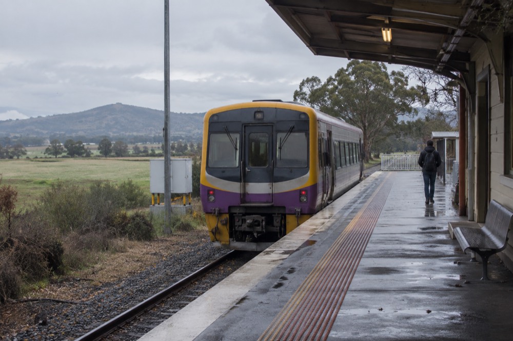 A country railway platform with a train waiting beside open farmland