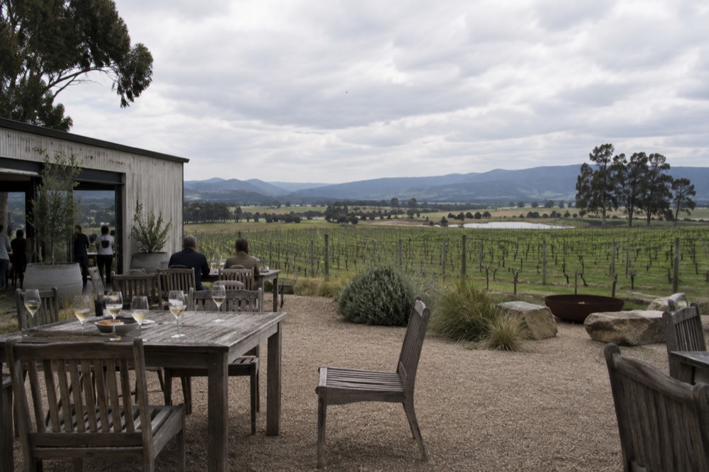 A vineyard cellar door building with outdoor tables and rows of vines beyond