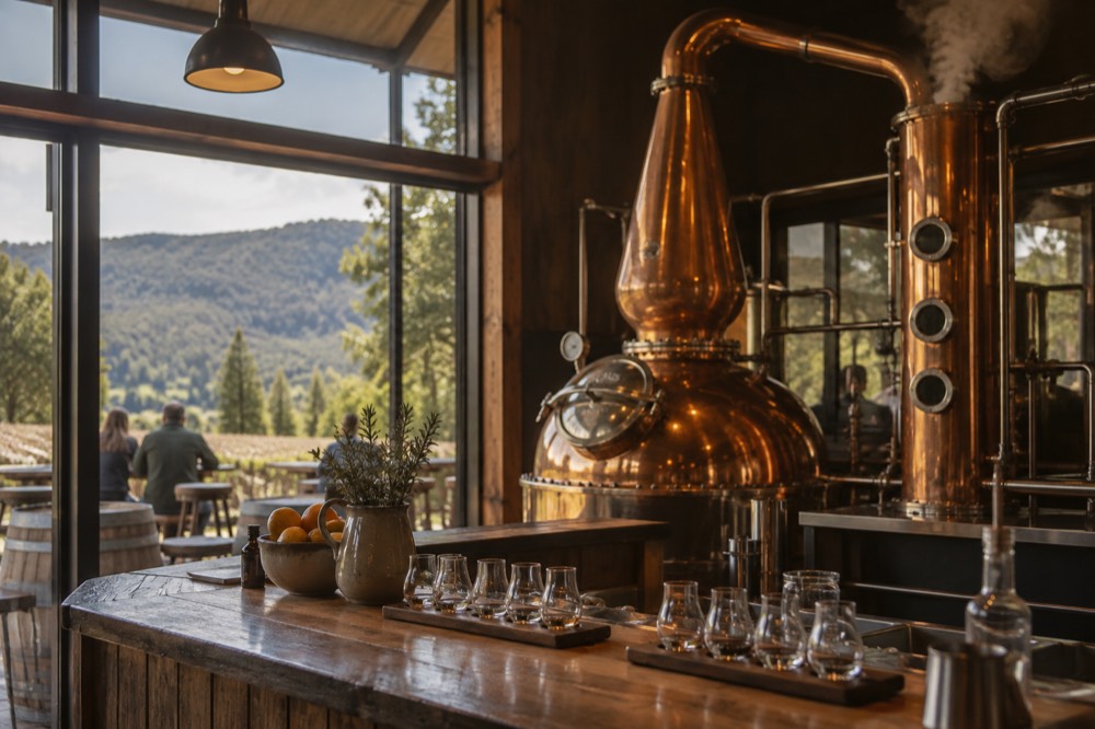 A gin still made of copper behind a bar in a distillery tasting room