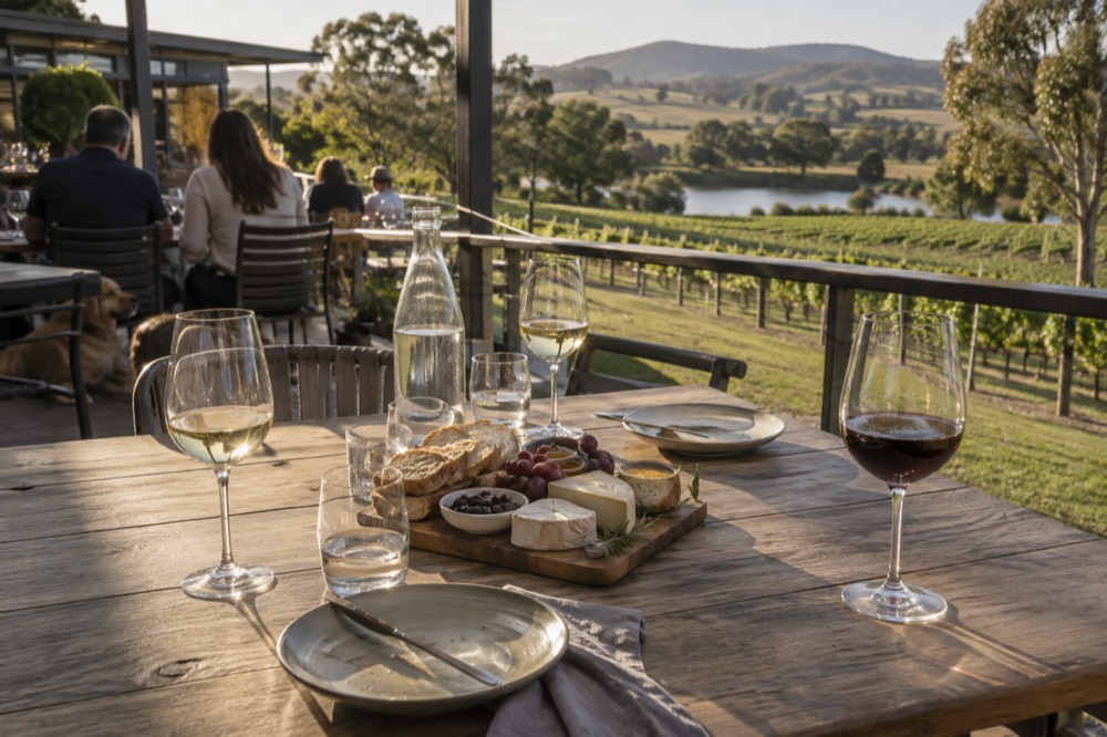 A lunch table on a winery terrace with grazing boards and glasses of wine
