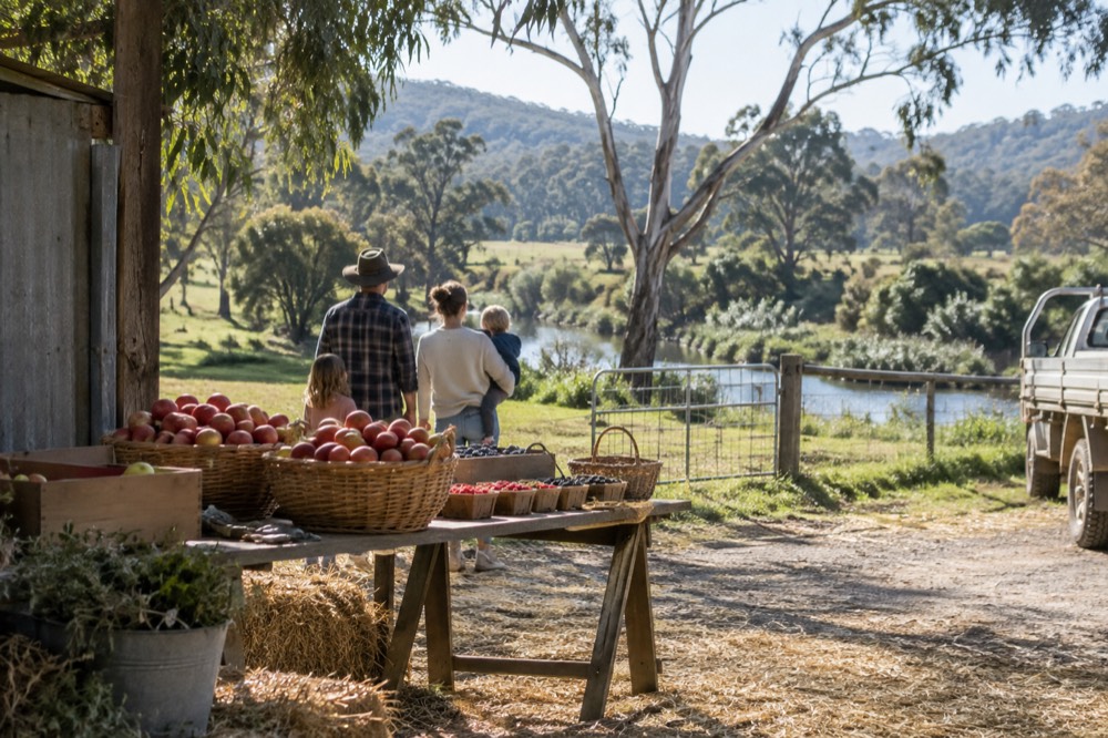A family standing at a farm gate stall with baskets of fresh fruit