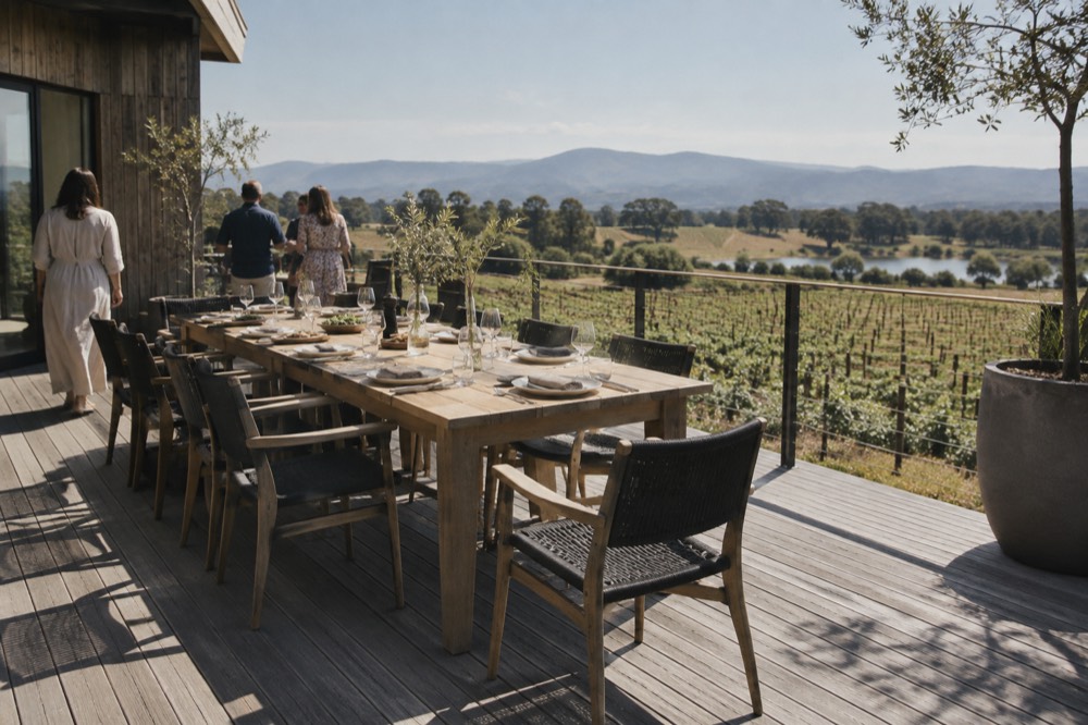 A long table set for lunch on a winery terrace above vines