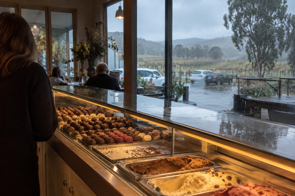 A shop counter display of chocolates and ice cream at a valley chocolaterie